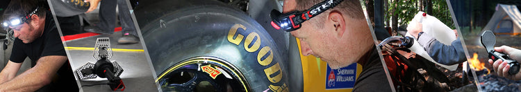 automotive product collection banner featuring STKR product collage with an automotive pic in the middle. Automotive pic features male wearing a headlamp while working on a tire