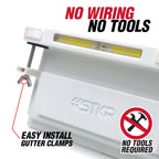 Gutter light clamp with 'No Wiring, No Tools' text and STKR branding.