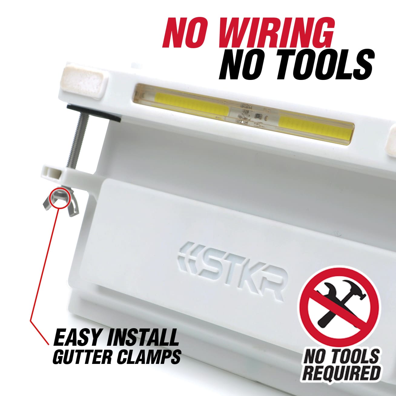 Gutter light clamp with 'No Wiring, No Tools' text and STKR branding.