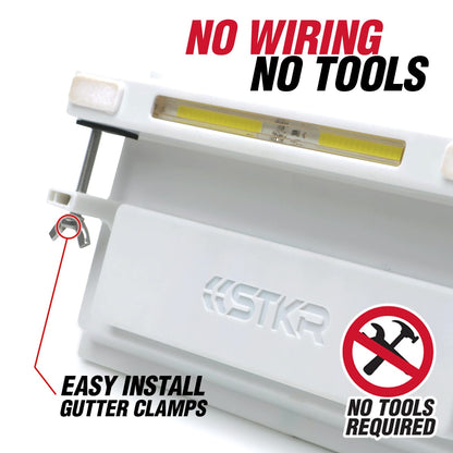 Gutter light clamp with 'No Wiring, No Tools' text and STKR branding.