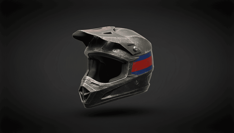 Motorcycle helmet with a red and blue stripe on a dark background