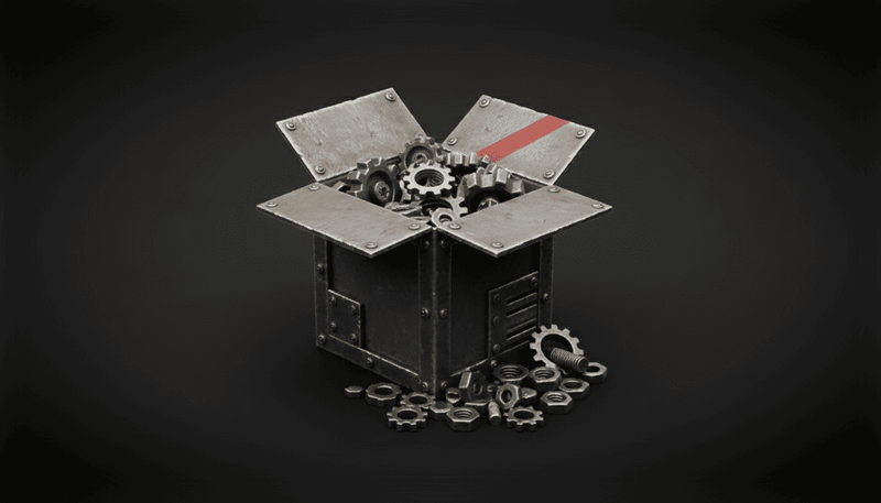 Metallic box with gears and a red stripe on a dark background