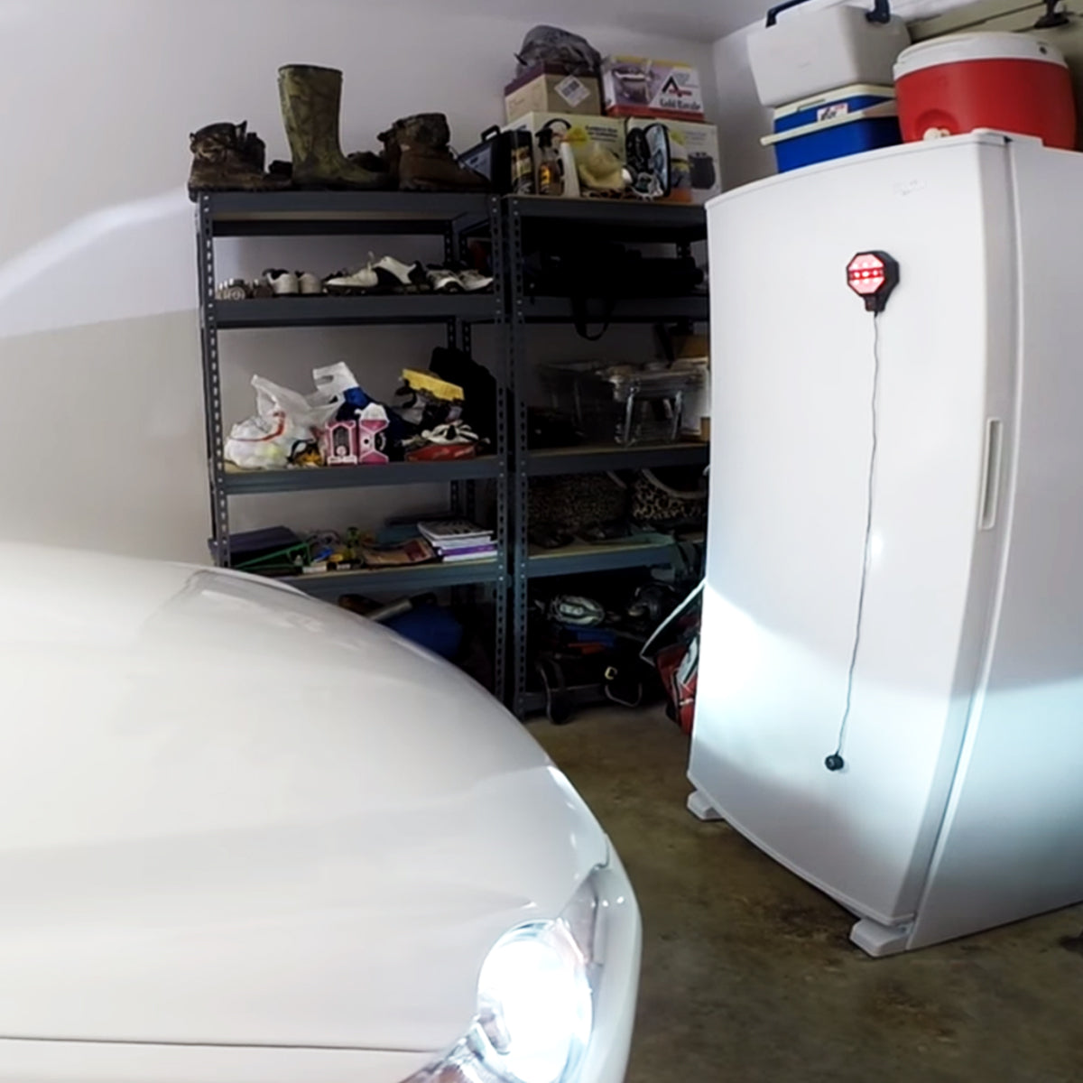 Garage Parking Sensor mounted on a garage refrigerator