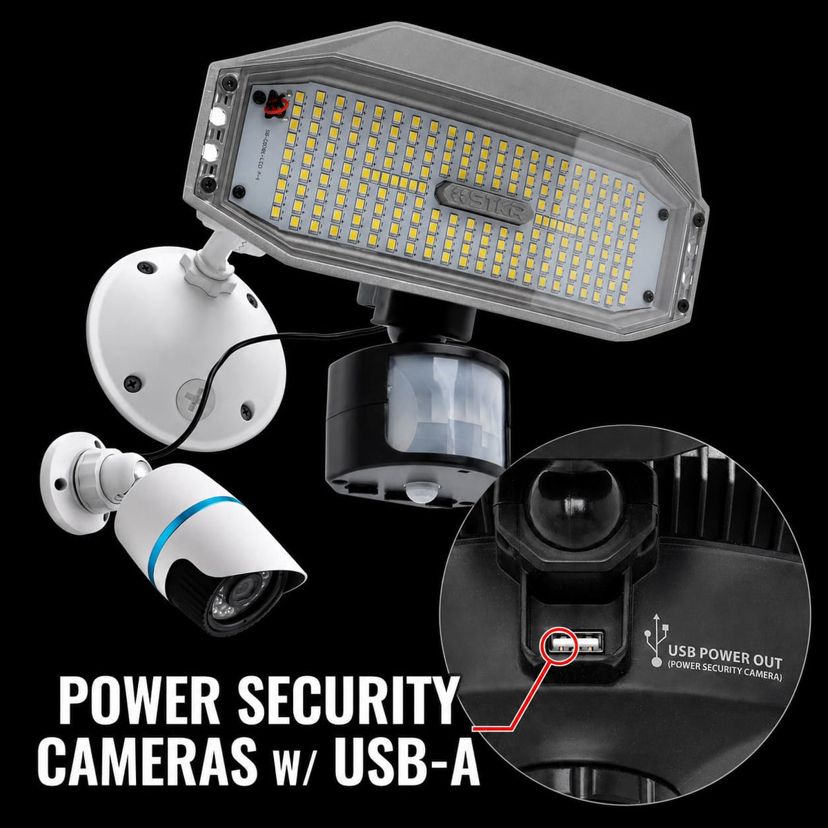 Security Light with USB power output to power security cameras on a white background