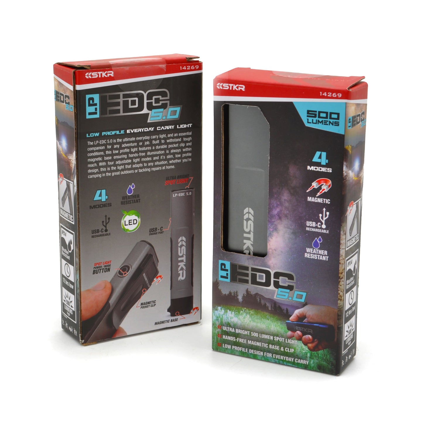 Two LP-EDC 5.0 Low Profile Everyday Carry Ultra-Thin Flashlights shown in their packaging front and back views