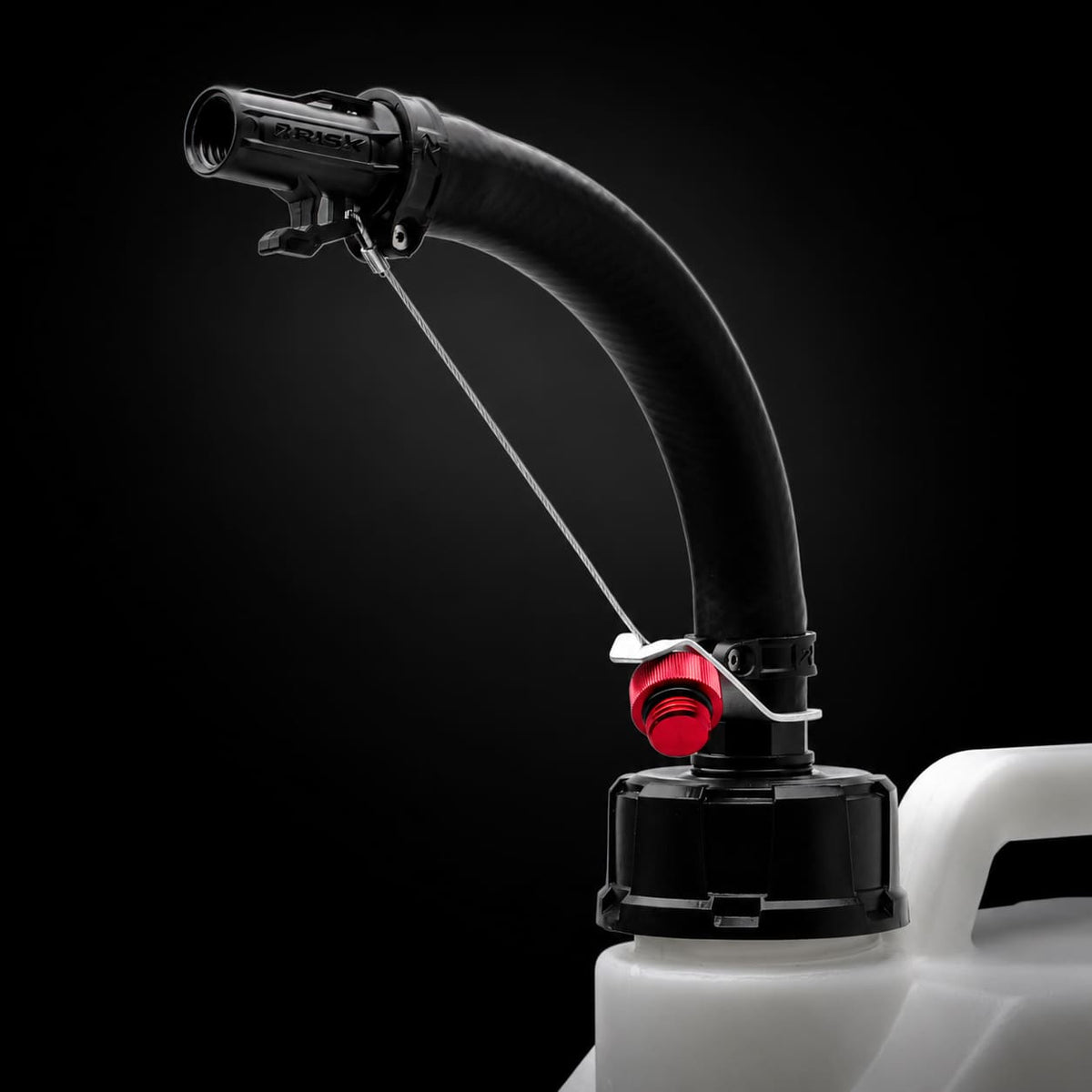 close up of a black hose bender attached to an ez utility jug by Risk Racing