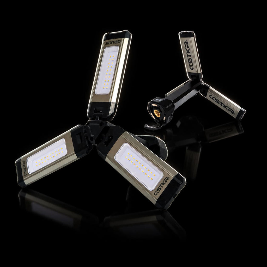 TRi-Mobile Area Work Light - Rechargeable Shoplight with Triple Pivoting LED Light Heads by STKR Concepts - led panels facing forward 