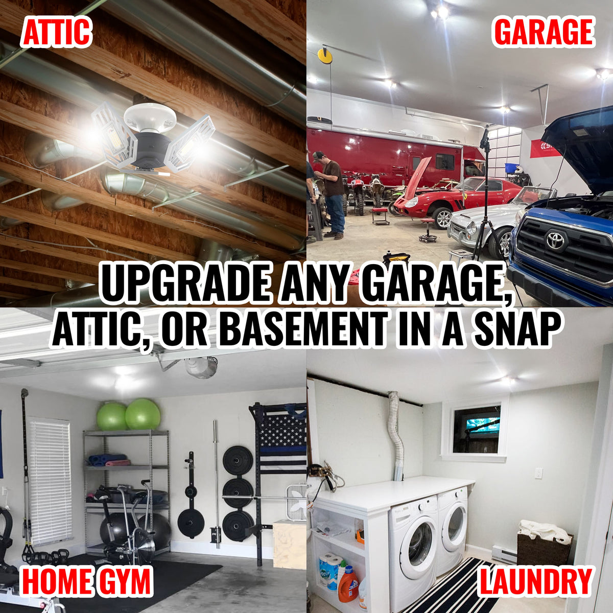 TRiLIGHT use cases in a garage, attic, home gym, and laundry room