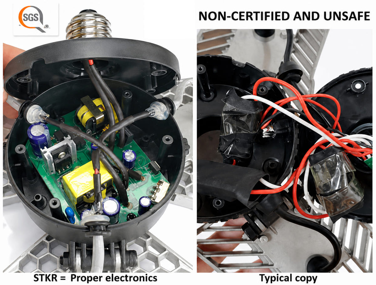 2019 STKR comparison showing the original TRiLIGHT electronics and taped internal components inside one copy light
